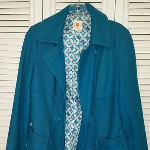 Turquoise blue wool/viscose-shell Tulle peacoat.